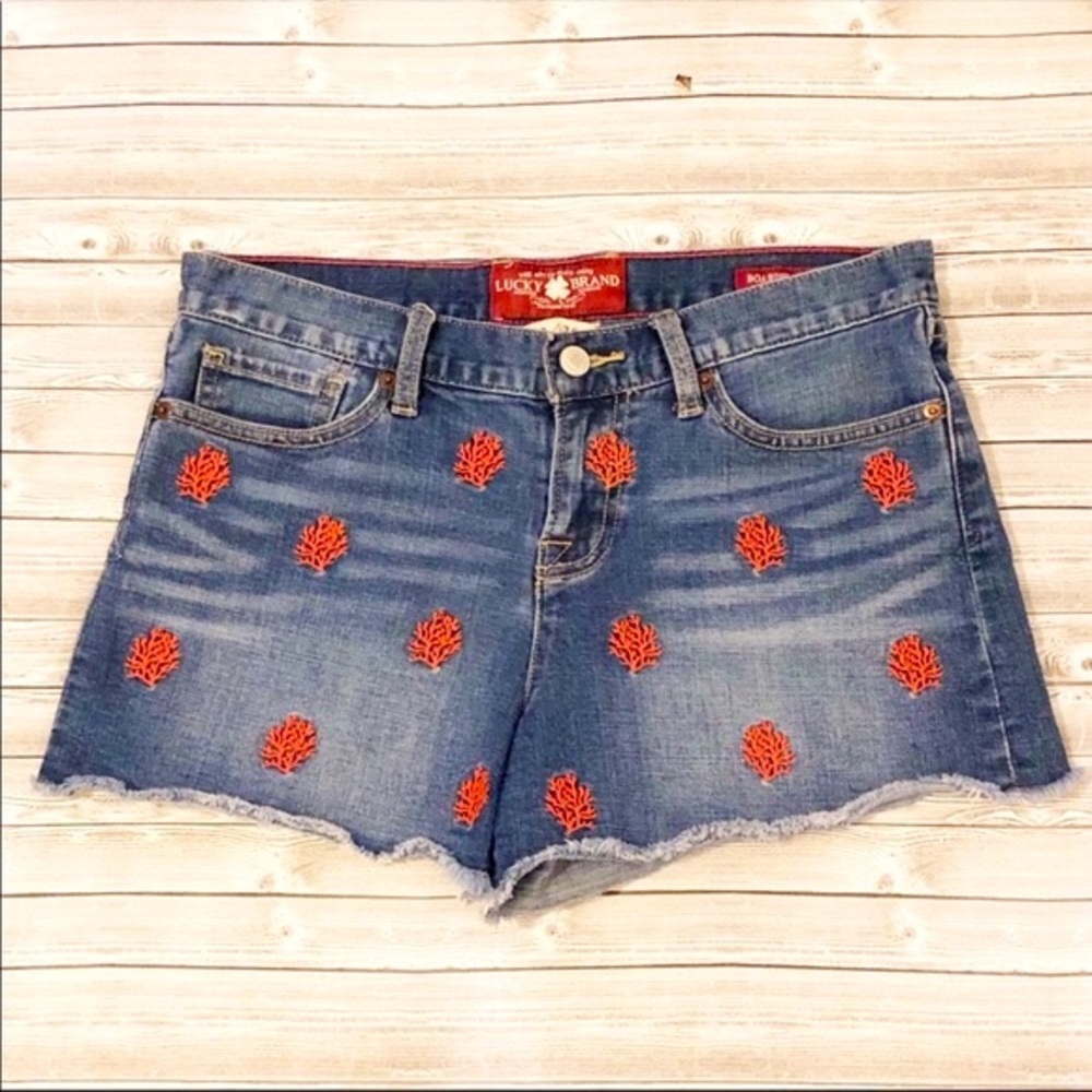 Lucky Brand Coral Embroidered Cut-Off Jeans Shorts